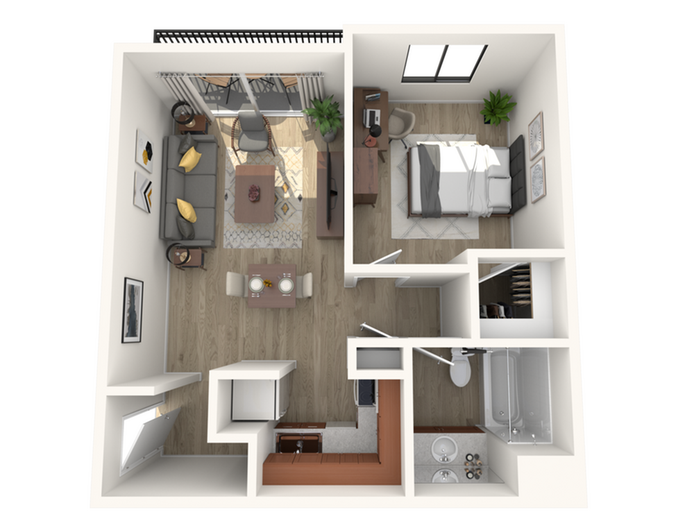 A 3D image of the 1 Bed – 1 Bath A floorplan, a 504 squarefoot, 1 bed / 1 bath unit