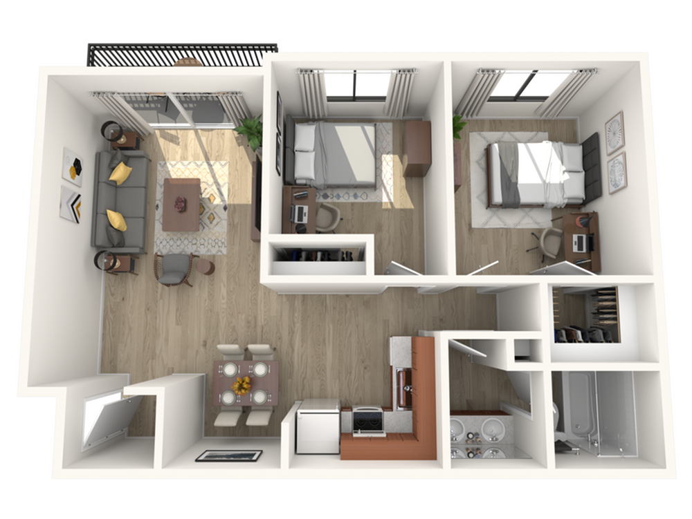 A 3D image of the 2 Bed – 1 Bath floorplan, a 840 squarefoot, 2 bed / 1 bath unit