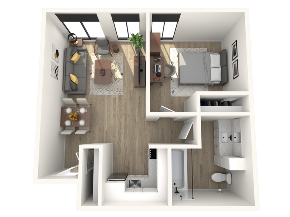 A 3D image of the 1 Bed – 1 Bath B floorplan, a 560 squarefoot, 1 bed / 1 bath unit