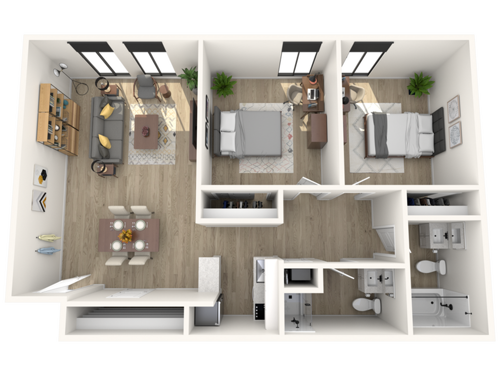 A 3D image of the 2 Bed – 2 Bath floorplan, a 860 squarefoot, 2 bed / 2 bath unit